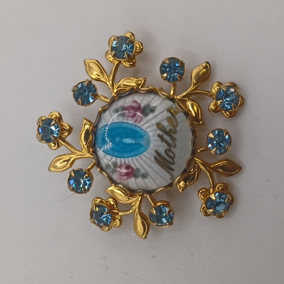Jewelry - Vintage Guilloche Mother Mary Gold tone Brooch
